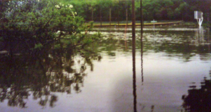 Another landmark damaged by the flood - that yellow line in the background marks the top of the outfield wall at Robertson Woods field, home of the Peacock baseball team.
